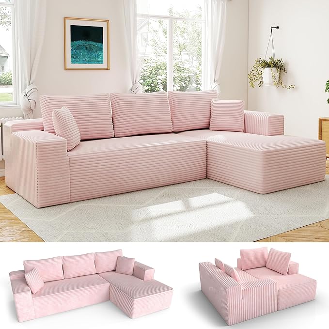 104 Cloud Sectional Sofa with L-Shaped Chaise Plush Corduroy FabricModern Modular CouchUpholstered Deep Seat for Living Room BedroomNo Assembly Required 3-Seater (Right Facing Chaise) Pink