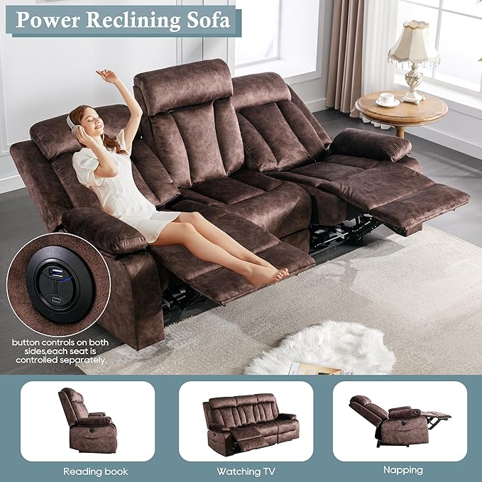 Power Reclining Sofa – 3 Seater Reclining Couch with Massage &amp Heat Drop-Down Table USB &amp Type-C Charging Ports Cup Holders Dutch VelvetPower Sofa for RVMedia Room &amp Living Room