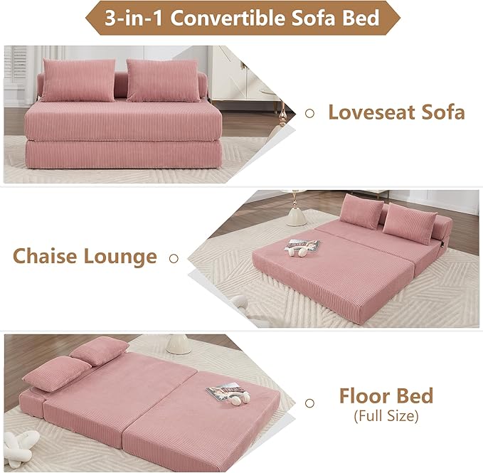 KIVENJAJA Folding Sofa Bed Full Size 3-in-1 Convertible Sleeper Sofa Corduroy Foldable Boneless Floor Futon Couch with Backrest &amp Pillows for Home Living Room Office Apartment Small Spaces Pink