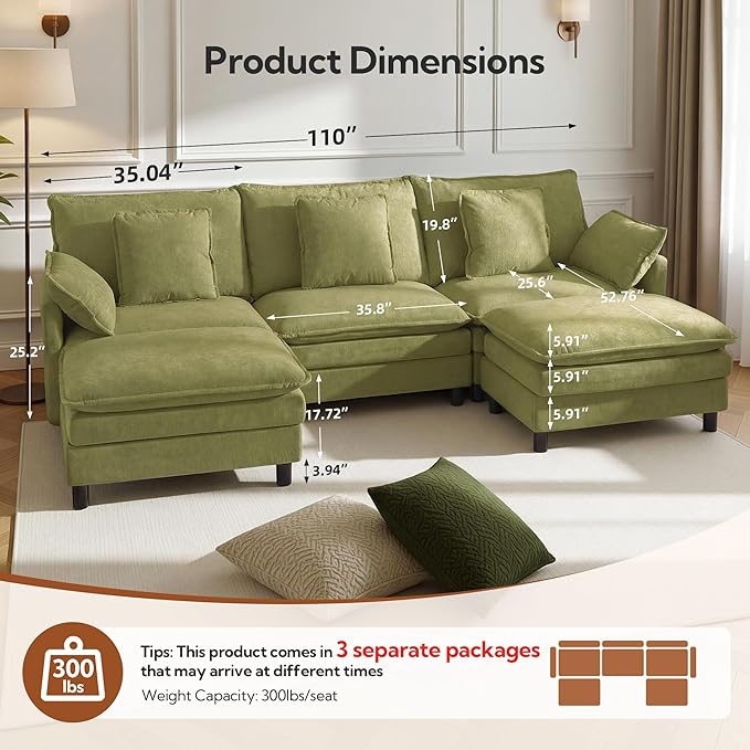 110 U-Shaped Modular Sectional Couch Modern Cloud Couch with Ottoman 5-Seat Chenille Sofa with Pillows Deep Seat Comfy Couch for Living Room Bedroom Green