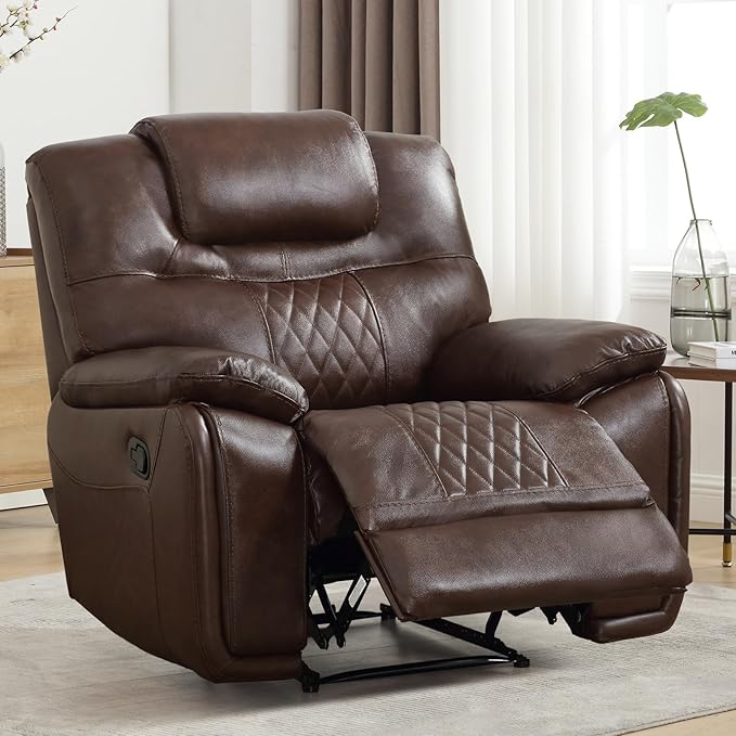 EBELLO Manual Recliner Chair Genuine Leather Reclining Sofa Chair Couch for Living Room Bedroom Furniture Meeting Room Single Couch with Comfortable Armrest and Backrest Brown