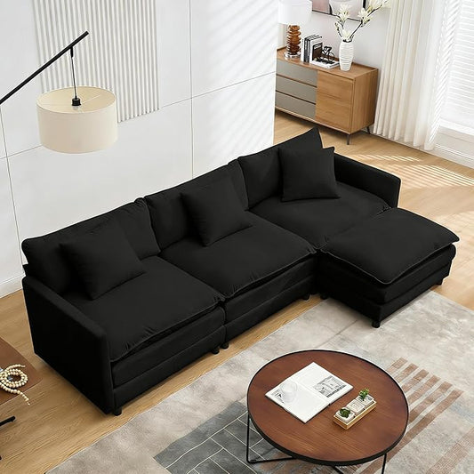 Modular Sectional Sofa108.27'' Modern Corduroy Sofa Set for Living Room with 3 Seat &amp 1 Ottoman &amp 3 Pillows Comfy Cloud Couches with Movable Ottoman DIY Combination Chenille (Black L Shap
