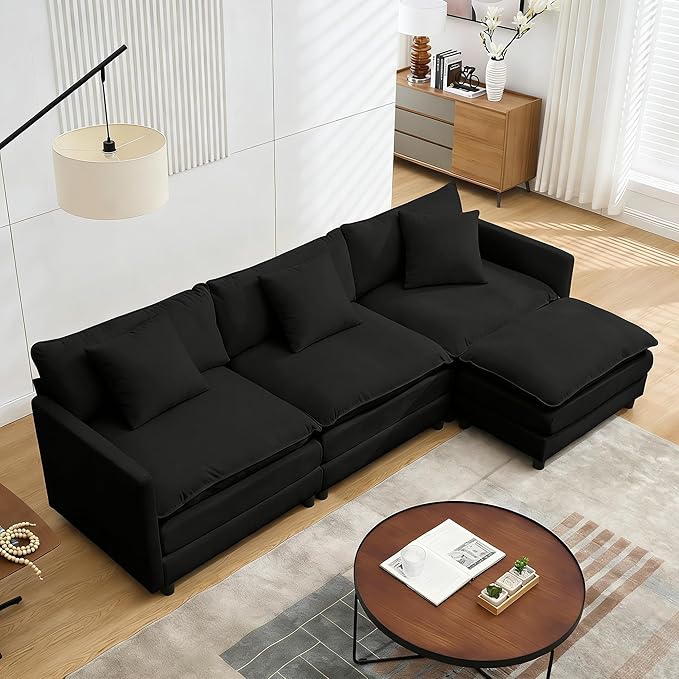 Oversized Modular Sectional SofaSofa Couch with Movable Ottoman Deep SeatSoft Chenille Corduroy Cloud Couches for Living Room ApartmentOffice (Black 3+1 L)