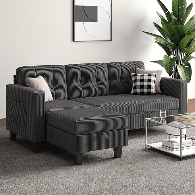 76 Inch L Shaped Sofa Corduroy Convertible Sectional Couch with Reversible Storage Ottoman Modern 3 Seat Sectional Sofa for Living Room Apartment and Small Space