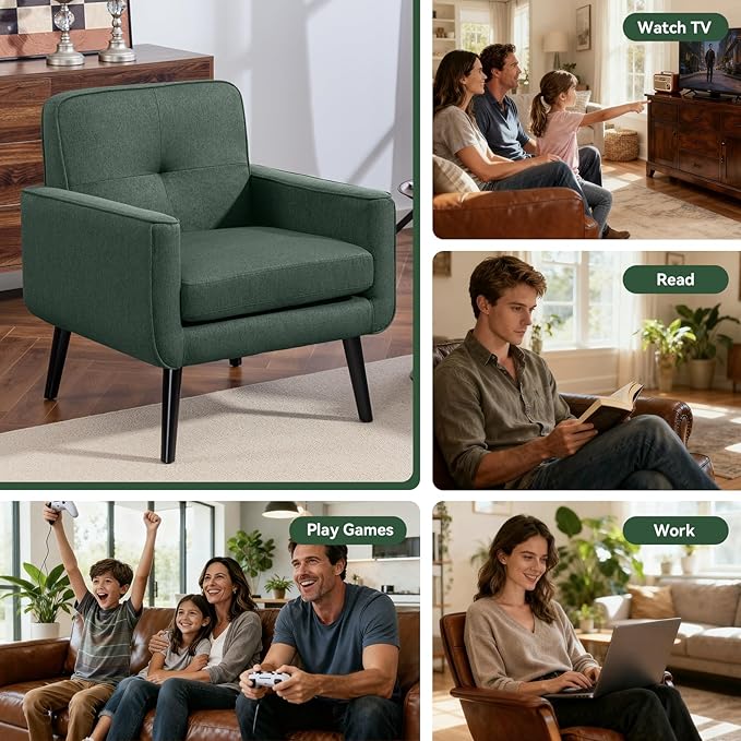 Mid Century Accent Chair Fabric Modern Chair with Wooden Frame Cozy Armchair Reading Chair with Comfy Back for Apartment Living Room Bedroom Waiting Room Small Space Corner Green
