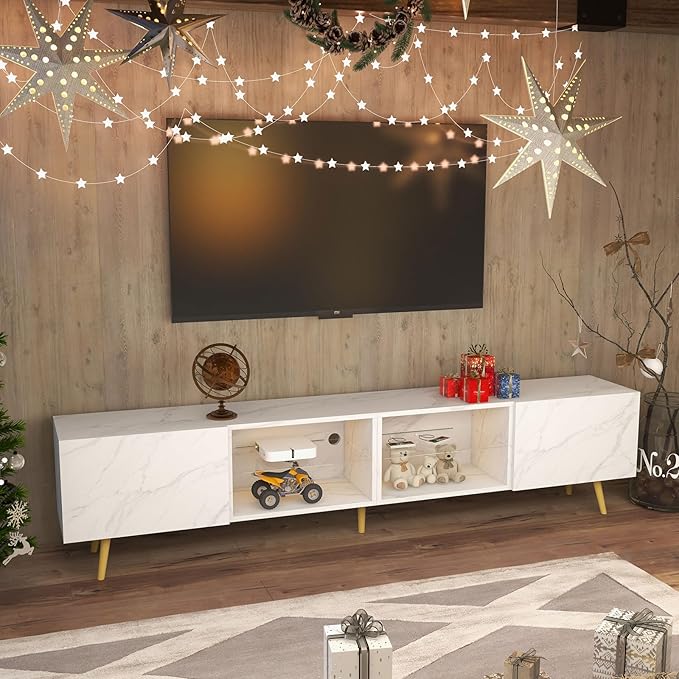 Bonzy Home 86 LED TV Stand Modern Entertainment Center up to 75 TV Television Console Table with Storage Cabinets for Living Room White Marble
