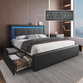Queen Size Bed Frame with 4 Storage Drawers and LED Lights Upholstered Platform Bed with Adjustable Headboard and Charging Station Metal Slats Support No Box Spring NeededEasy Assembly Black