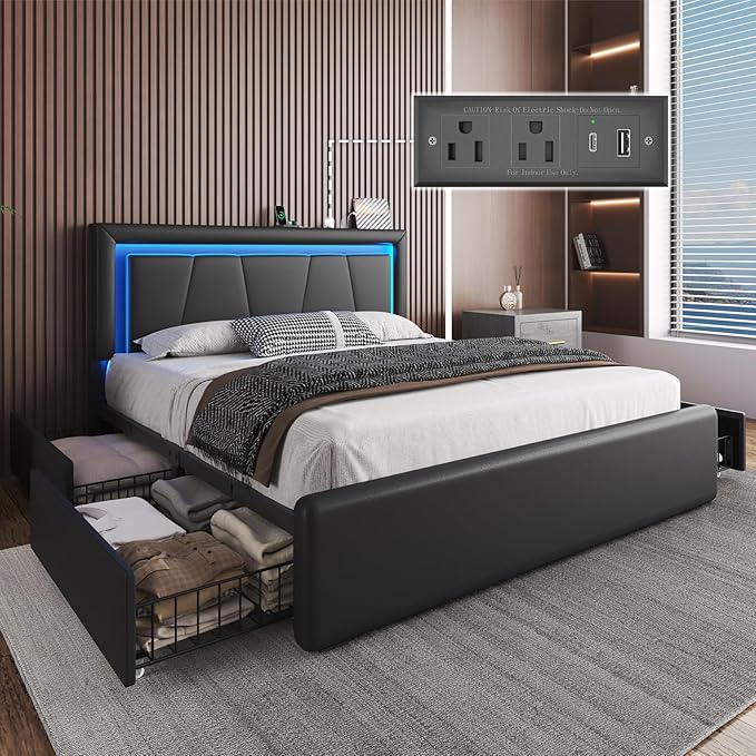Queen Size Bed Frame with 4 Storage Drawers and LED Lights Upholstered Platform Bed with Adjustable Headboard and Charging Station Metal Slats Support No Box Spring NeededEasy Assembly Black