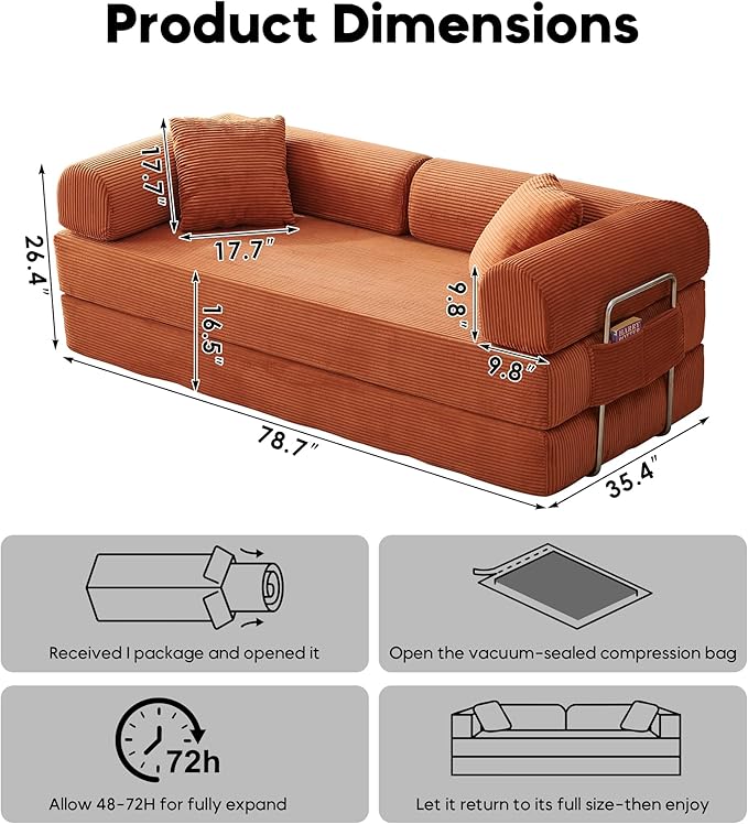 79 Convertible Sleeper Sofa Bed Modern Corduroy Floor Couch Bed with Fixed-Shape Frame Modular Sofa Couch with Pull Out Bed Boneless Loveseat Sleeper Couches for Living Room Orange