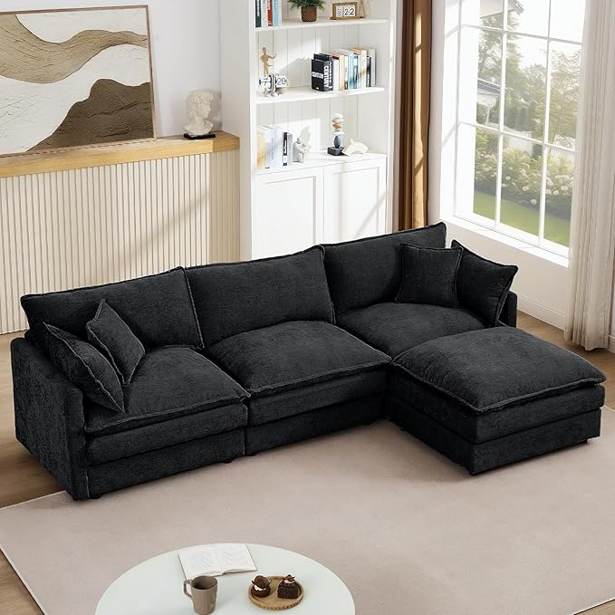 GNIXUU 102 Modular Sectional Sofa L Shaped Cloud Couch with Movable Ottoman &amp 4 Pillows Deep Seat Chenille 4 Seater Sectional Couches for Living Room Apartment (Black)