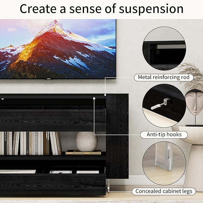TV Stand for 55 Inch with 2 Large Drawers &amp Hidden Storage Cabinets Modern Farmhouse Entertainment Center Television Stands for Living Room Bedroom Black Wood Grain