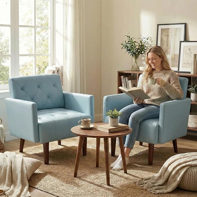 Faux Leather Accent Chair Modern PU Armchair Retro Tufted Upholstered Arm Chair Comfy Leather Club Chair Single Sofa for Living Room Bedroom Reading Room Apartment (Blue)