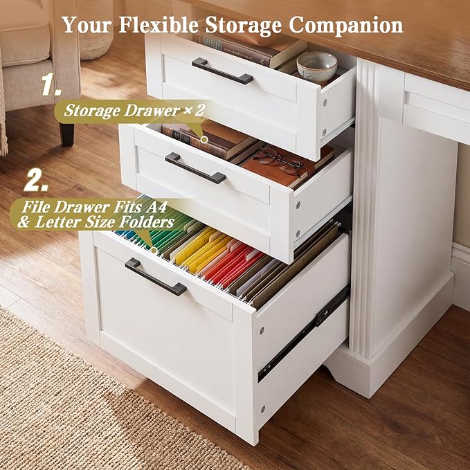 59-inch Farmhouse Home Office Desk with Charging Station – Wooden Office Study Desk with File Drawers and Storage Cabinet Barn Door Design Computer Desk for Study Living Room or Office (White)