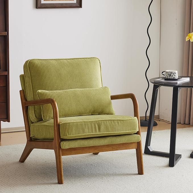 Karl home Mid-Century Modern Accent Chair Living Room Chairs with Pillow Corduroy Upholstered Lounge Armchair with Solid Wood Frame &amp Soft Cushion for Bedroom Reading Room Green