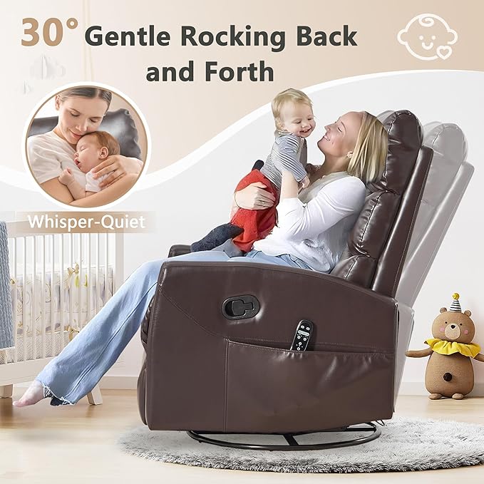 cinkehome Small Swivel Rocker Recliner Chair with Heated Massage Upholstered Nursery Glider Recliner Chair High Back Side Pocket (Brown PU Leather)