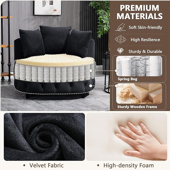 mikibama Black Velvet Accent Chair Upholstered Barrel Chair Lounge Chair with 3 Movable Pillows and Rubber Wood Legs Oversized Round Sofa Chair Reading Chair for Living Room Bedroom Hotel Office