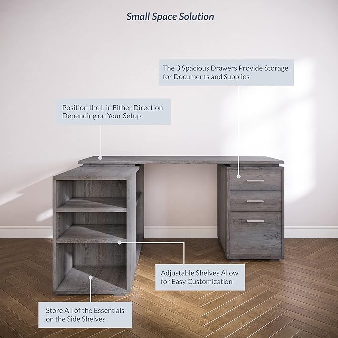 BELLEZE L Shaped Computer Desk 60” Study Writing Table Home Office Desk Morden Corner Workstation Setup with Adjustable Storage Shelves and 3 Drawers Gray Wash
