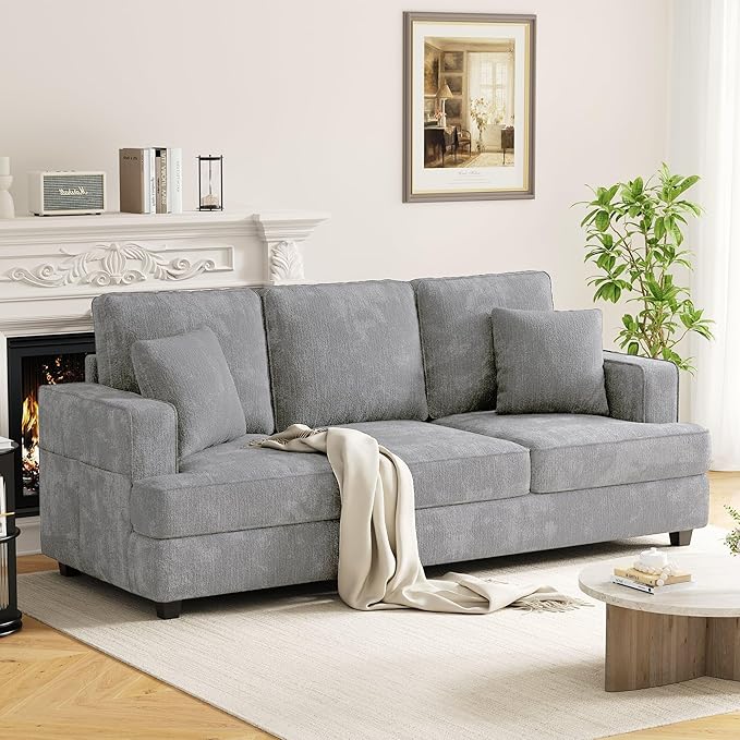 89 3-Seater Sofa Couches for Living Room with Deep Seats Mid Century Modern Chenille Sofa with Armrests Comfy Sofas for Living Room Bedroom Apartment Office Pewter