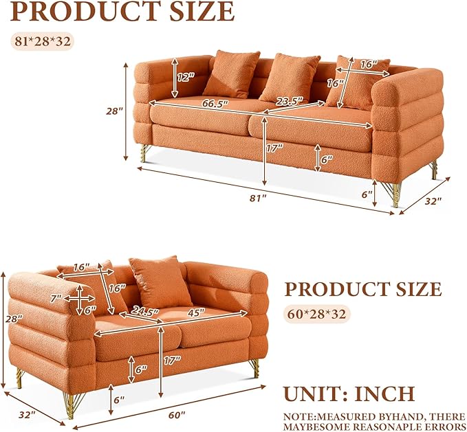 Loveseat Modern Sofa 81+60 Teddy Boucle Comfy Cloud Couch Upholstered Deep 5 Seater Sherpa Couch Set with Stylish Metal Legs for Living Room Home Office Bedroom Apartment Orange