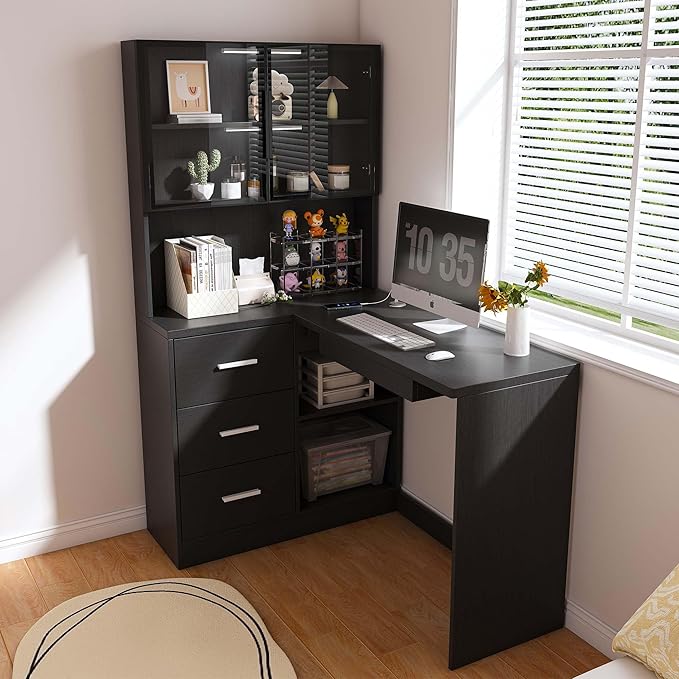 Black L Shaped Desk with Keyboard Tray &amp Power Outlet Home Office Desk with Storage/LED Lights Corner Computer Desks with Drawers/Glass Cabinets for Study Room Corporate Workspaces (Black)