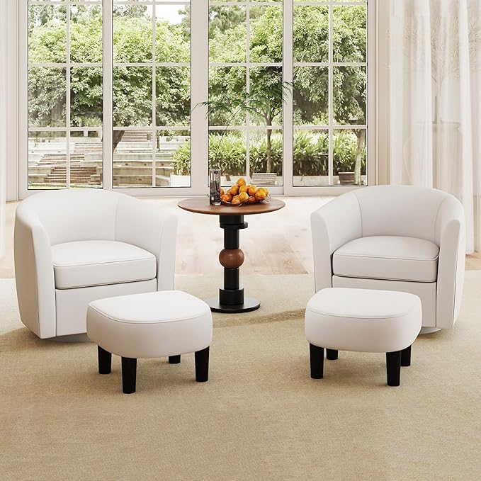 GOFLAME Swivel Barrel Chair with Ottoman Modern Linen Fabric Accent Chair with Footrest Curved Backrest Removable Seat Cushion Upholstered Club Tub Sofa Chair for Bedroom Living Room Ivory