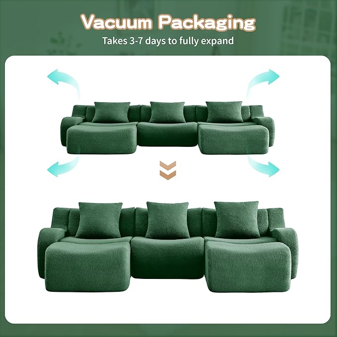 Modular Sectional Sofa for Living Room 115.3 U-Shaped Cloud Couch with 2 Ottoman 3-Seat Teddy Fabric Boneless Sofa Deep Seat Curved ArmrestStreamlined Ergonomic Design No Assembly