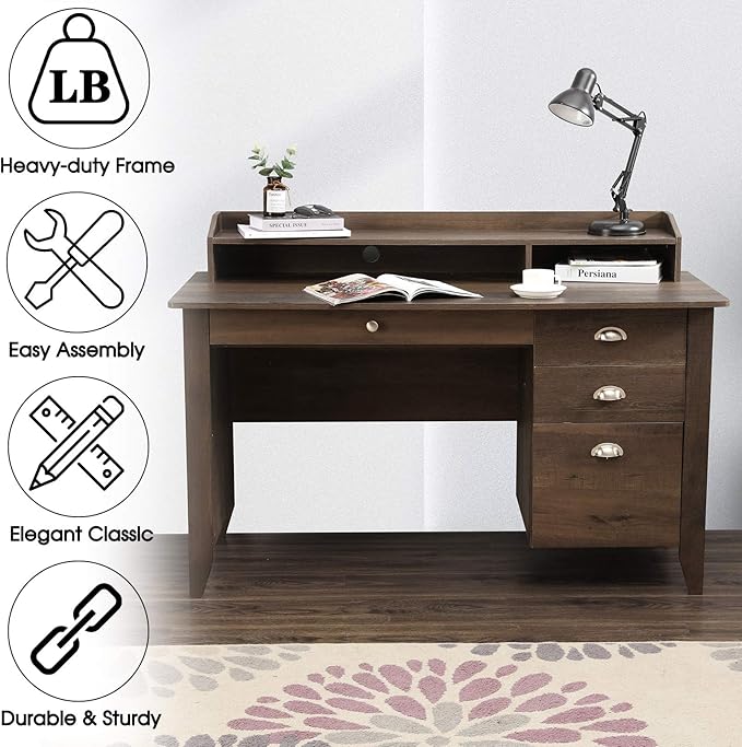 Festival Depot 53 Home Office Desk Writing Computer Desk Vintage Wood Style Laptop Table with Hutch and Sliding Track Drawers for Study Bedroom Workstation