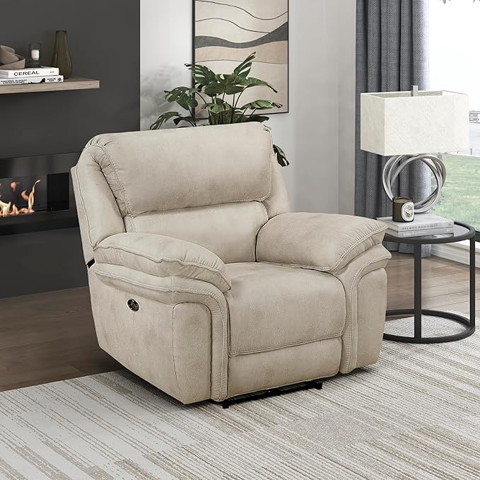 Lexicon Power Reclining Chair for Adults Polished Microfiber Power Recliner Single Sofa Chair for Bedroom/Living Room/Reading Nook Foam Over Pocket Coils Pillow Top Arms Charging Port Sand