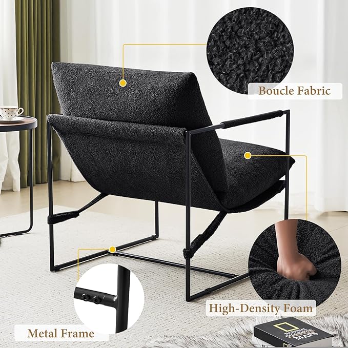 Furnilivng Large Sling Accent Chair Set of 2 Comfortable Boucle Fabric Arm Chair Upholstered Cozy Reading Chair for Living Room Bedroom Dressing Room Home Office Black