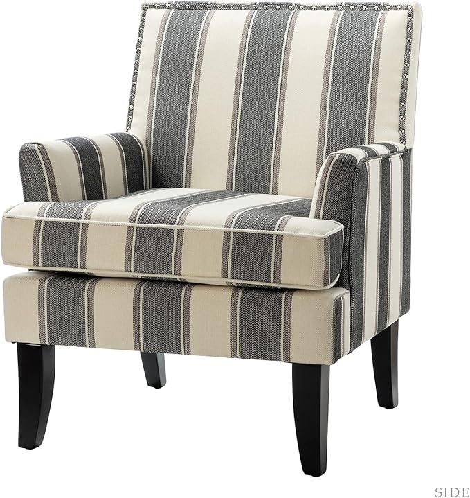 HULALA HOME Living Room Armchair Farmhouse Striped Accent Reading Chair with Wooden Legs &amp High Back Rest &amp Padded Armrest &amp Nail Head Trim for Lounge/Bedroom Striped Black