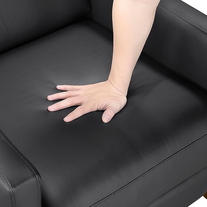 Lexicon Push Back Recliner Chair Faux Leather Upholstered Reclining Chair with Footrest Exposed Dark Brown Finish Wood Frame Small Recliner for Small Space Living Room Bedroom Black