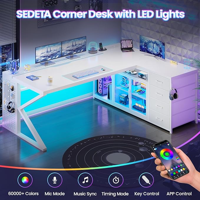 SEDETA L Shaped Gaming Desk 63 Lx27.6 W Computer Desk with 4 Drawers &amp Display Cabinet Executive Office Desk with Storage Shelves &amp LED Light for Home Office White