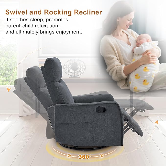 Manual 360° Swivel Rocker Recliner Chair for Adults Overstuffed Glider Chair for Nursery with Vibration Massage and Heat Comfy Soft Fabric Glider with Side Pockets for Living Room Dark Gray
