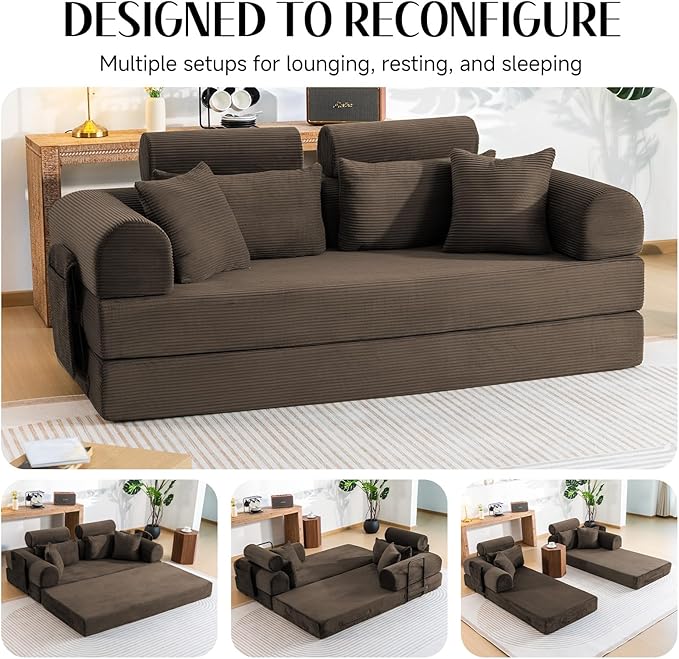 79 Corduroy Sofa Bed Sleeper Couch 6-in-1 Convertible Boneless Floor Futon Loveseat High-Density Foam Couch in a Box with 2 Headrest Pillows No Assembly Brown