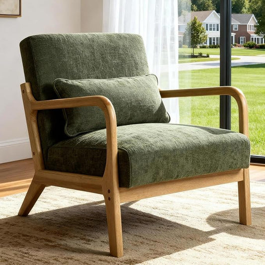 Mid Century Modern Accent Chair with Solid Wood Frame Comfy Reading Lounge Chair with Detachable Lumbar Pillow for Living Room Bedroom Office Vintage Small Wooden Armchair for Waiting Room (Green)