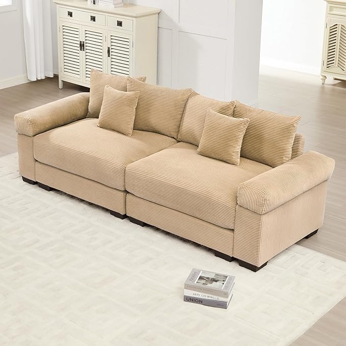 92 Corduroy Sectional Couches for Living Room Camel Comfy Oversized Sectional Sofa Set with Deep Seat Large Love Seat Couches Sofas para Sala Loveseat Couch with Chaise Lounge