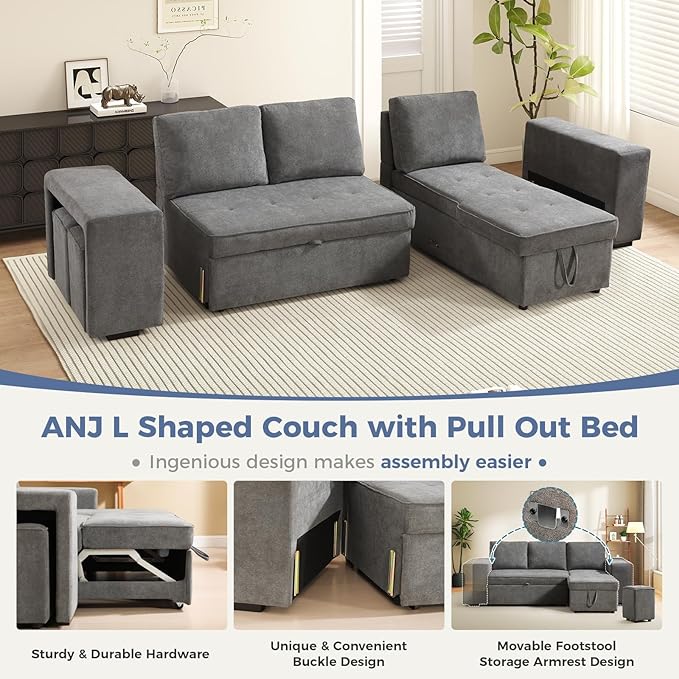ANJ L Shaped Sectional Sleeper Sofa with Pull Out Bed and Storage 4-in-1 Convertible Couch with Hidden Ottoman and Arm Storage Easy Assembly Modular Sofa Bed for Living Room Grey