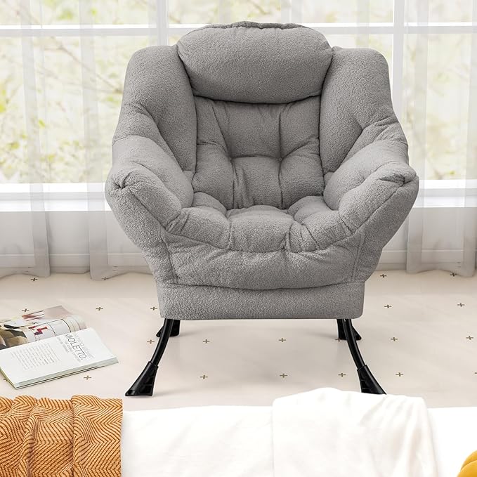Giantex Lazy Chair Modern Sherpa Accent Chair w/Steel Frame Upholstered Single Sofa Chair w/Armrests &amp Side Pocket Leisure Reading Lounge Chair for Living Room Bedroom Office Dorm (Gray)