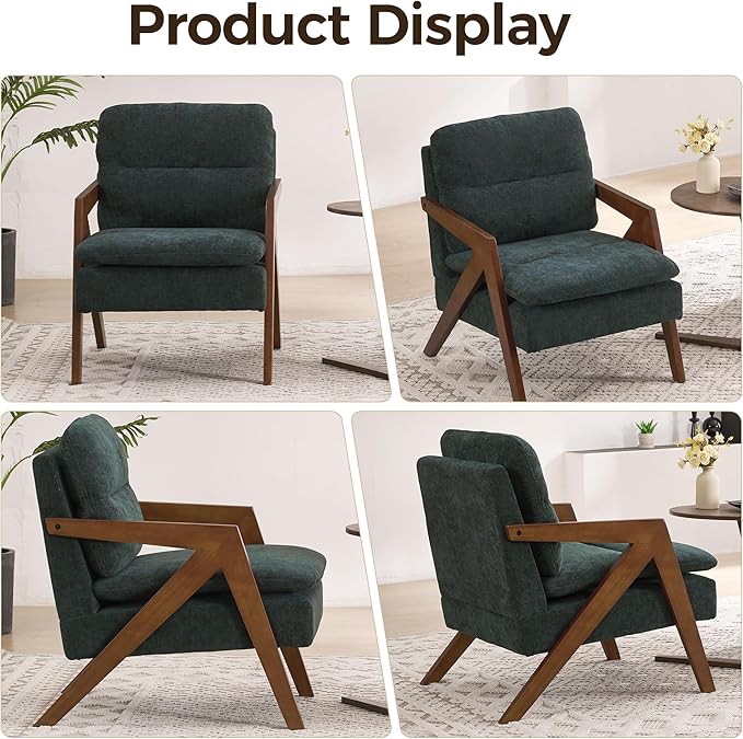 Mid-Century Modern Accent Chair with Solid Wood FrameTufted Upholstered Chenille Living Room Arm Chairs with Thick Cushion for Bedroom Living Room Reading RoomBalconyGreen