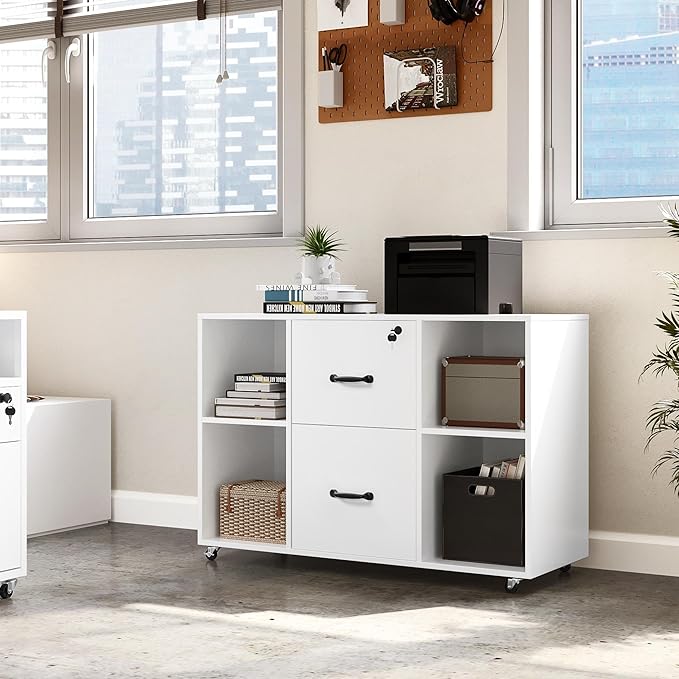 Topeakmart Mobile File Cabinet with 2 Drawers and 4 Open Storage Shelves Large Lateral Filing Cabinet Printer Stand for Home and OfficeWhite