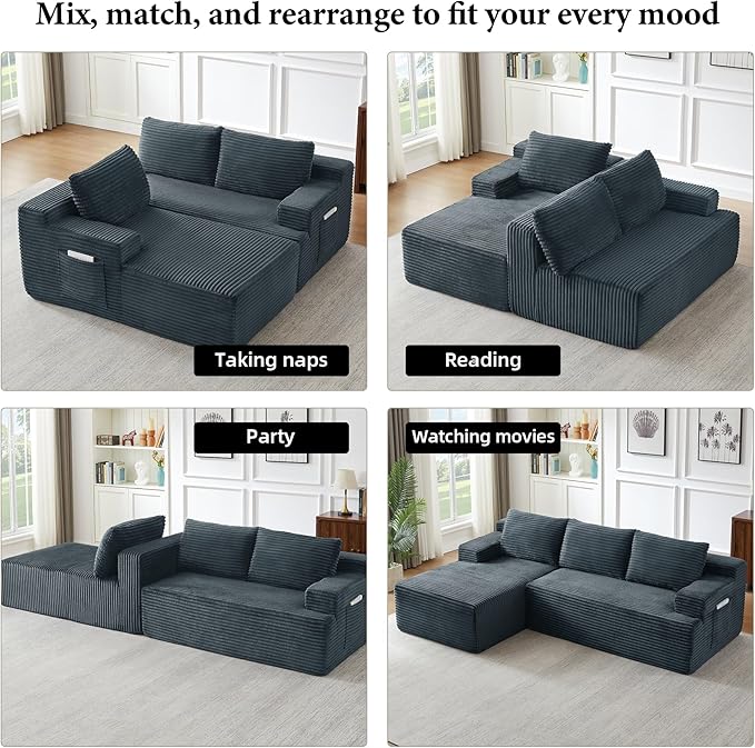 Boneless Couch Corduroy Cloud Sofa 96'' Sectional Couches Deep Seat L-Shaped Sofa No Assembly Pet-Friendly Apartment Couch for Living Room Small Spaces in a Box