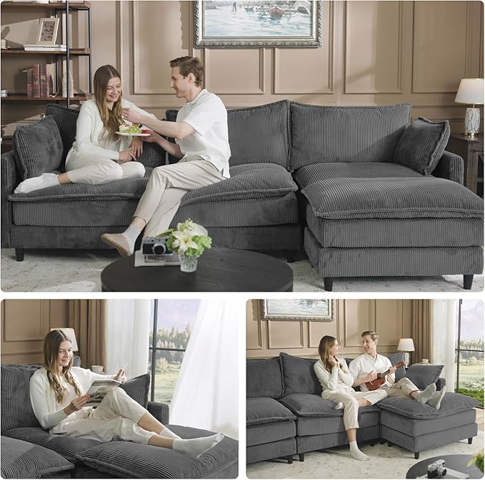 Apicizon 143 Cloud Couch Sectional 4-Seat Deep Sofa Couch with Ottoman Modern U Shape Sectional Cloud Sofa Corduroy for Living Room Apartment Office Grey