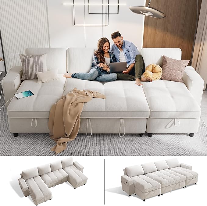 Sunny Heart Modular Sectional Sleeper Sofa with Pull Out Bed Chenille U Shaped Sectional Sofa with USB Ports/Adjustable Backrest/2 Storage Seats Tool-Free Assembly Couches for Living Room Beige