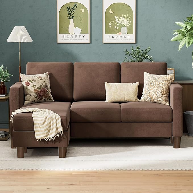 VICTONE Convertible Sectional Sofa Couch 3 Seat L-Shaped Sofa with Linen Fabric Ottoman Small Couch for Small Apartments Living Room and Office (Linen Fabric Brown)