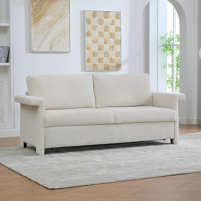 2-in-1 Full Size Pull Out Sleeper Sofa Bed – Convertible Corduroy Loveseat Couch with USB Charging &amp Memory Foam Double Seater Sofa for Living Room Apartment &amp Small Space (Beige)