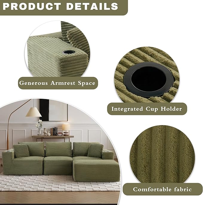 110”Modular Sectional SofaCloud Boneless Couch with Deep SeatModern Modular L-Shape Sofa Couch with 0ttomanUpholstered Couches for Living Room Bedroom (Green)