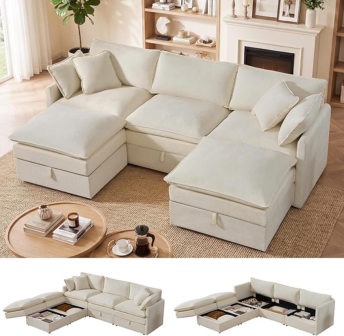 WorthFurni Modular Sectional Sofa with Storage Ottomans102 U-Shaped Cloud CouchComfy Modern Couches with Pillows &amp Upholstered Deep Seat Cushion for Apartment Living Room Bedroom（Beige）