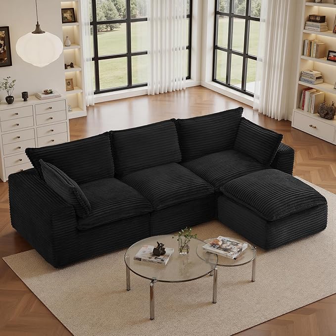 110 Sectional Couches for Living Room Boneless Couch Upholstered Cloud Couch Sectional Modular Sectional Sofa with L Shaped (Corduroy-Black 3 Seat+1 Ottoman)