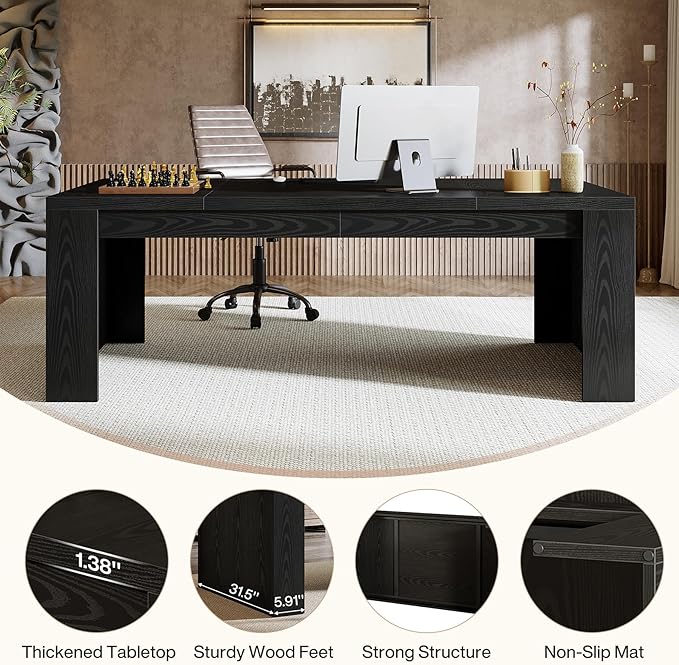 Tribesigns 70.9-Inch Wooden Computer Desk Large Farmhouse Executive Office Desk with Sturdy Double Pedestal Legs Workstation Business Furniture for Home Office (Black)