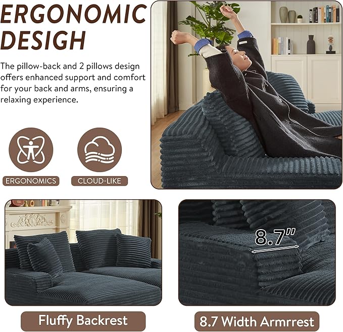 Oversized Double Chaise Lounge Chair IndoorWide Corduroy Boneless Chaise Lounges Sofa Comfy Upholstered Cloud Couch No Assembly Required Loveseat Sleeper Chair Bed for Living Room(Dark Grey)